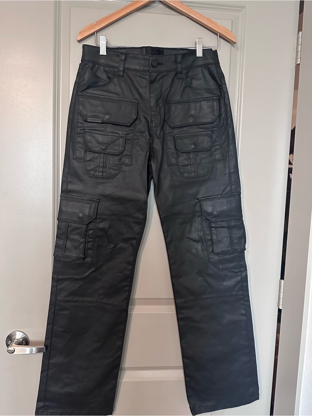 Men's Black Premium Italian Leather Cargo Pants - Utility Style